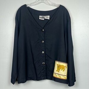 Phool black tiger patch detail button front boxy lagenlook artsy top, size XL.